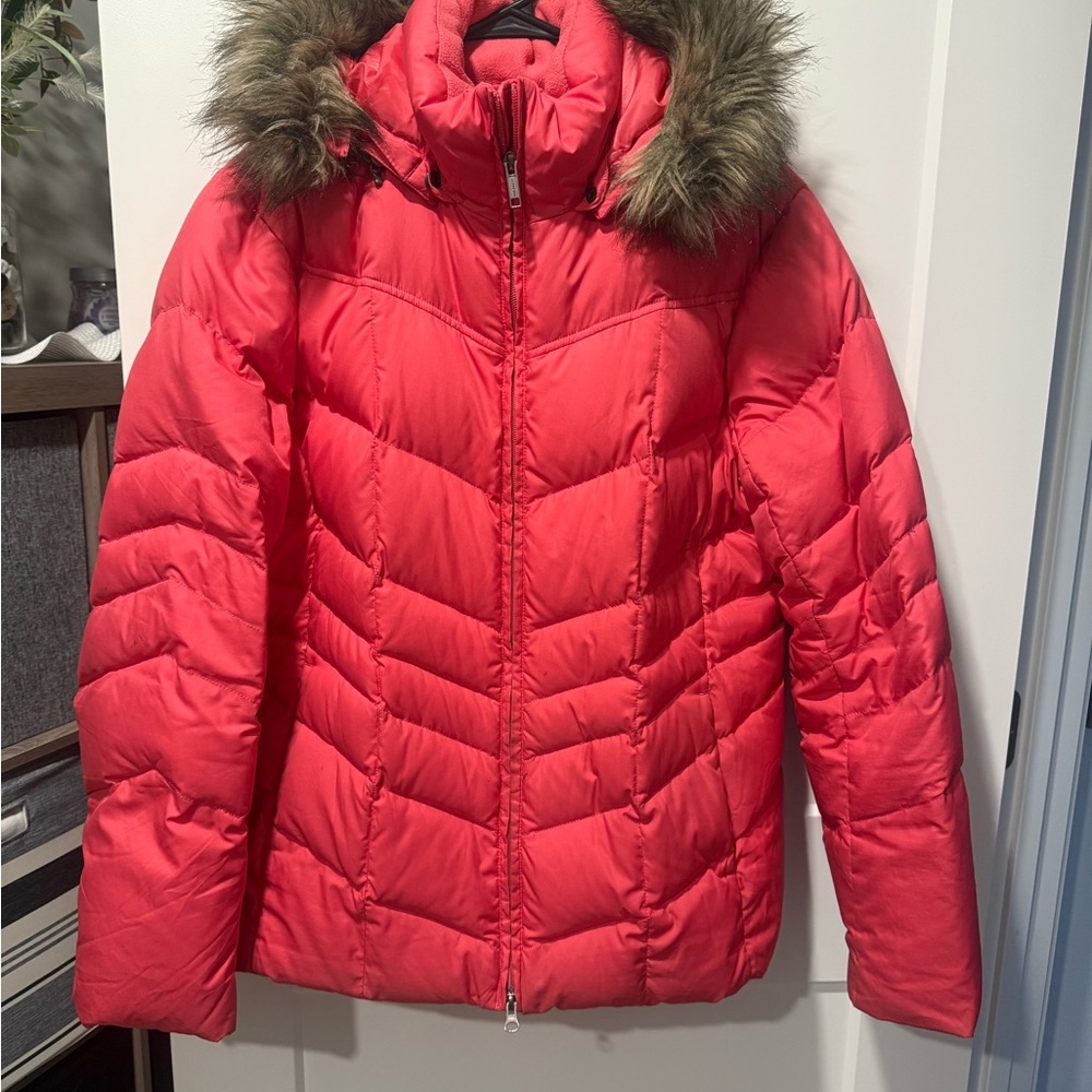 Lands' End Vibrant Pink Puffer Jacket with Faux Fur Hood